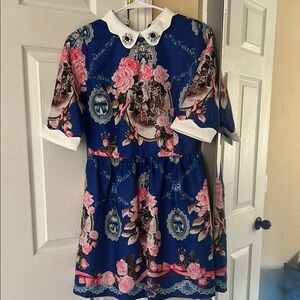 STYLEWE Blue Pink Sundress with 3/4 Puff Sleeves and Peter Pan Collar